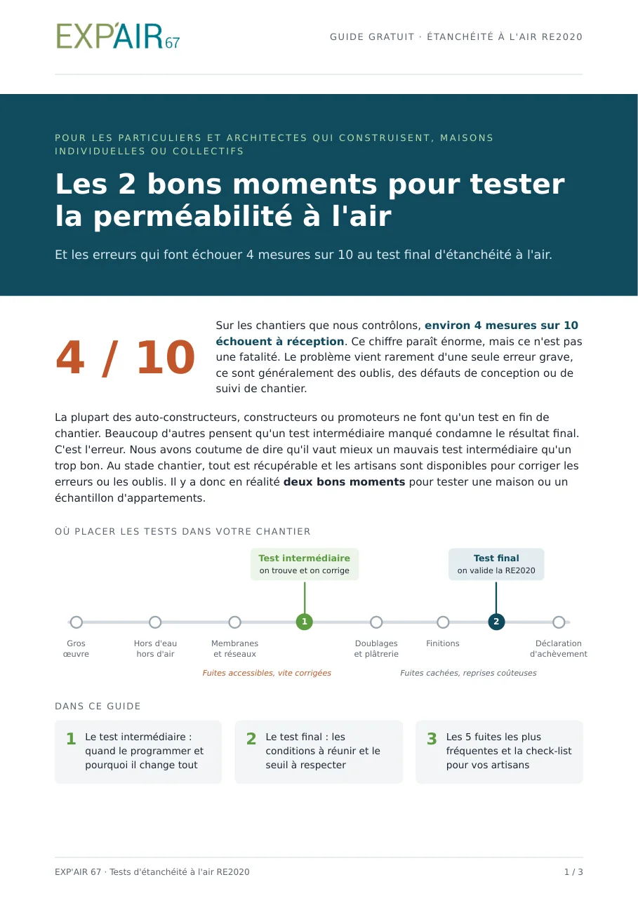 Couverture du guide « Les 2 bons moments pour tester la perméabilité à l’air » d’EXP’AIR 67